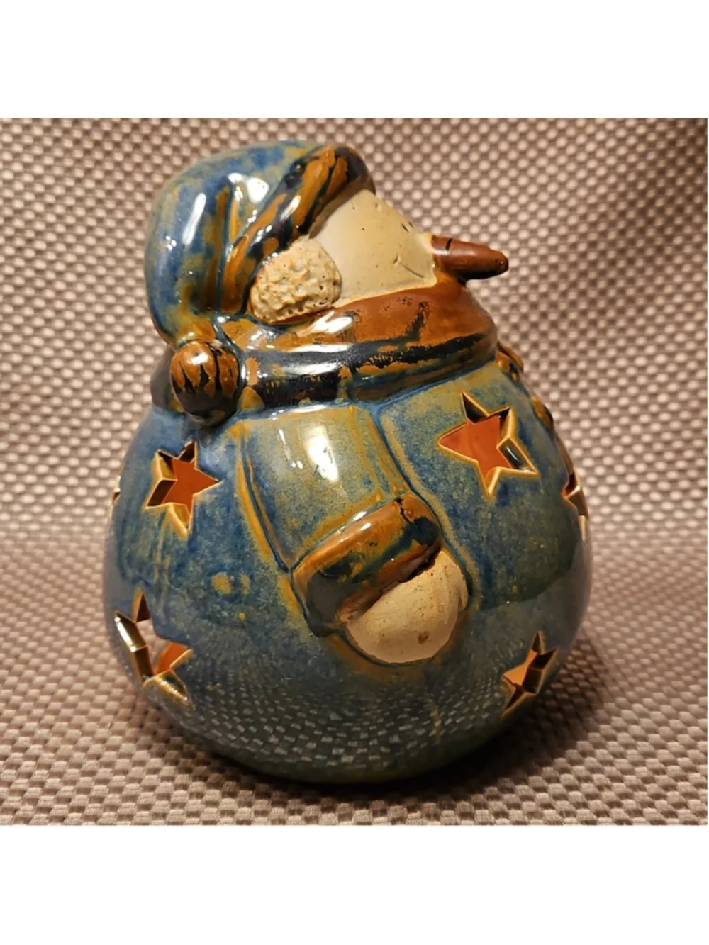 Blue and Brown Snowman Stoneware Handpainted Lantern Tealight Holder Stars